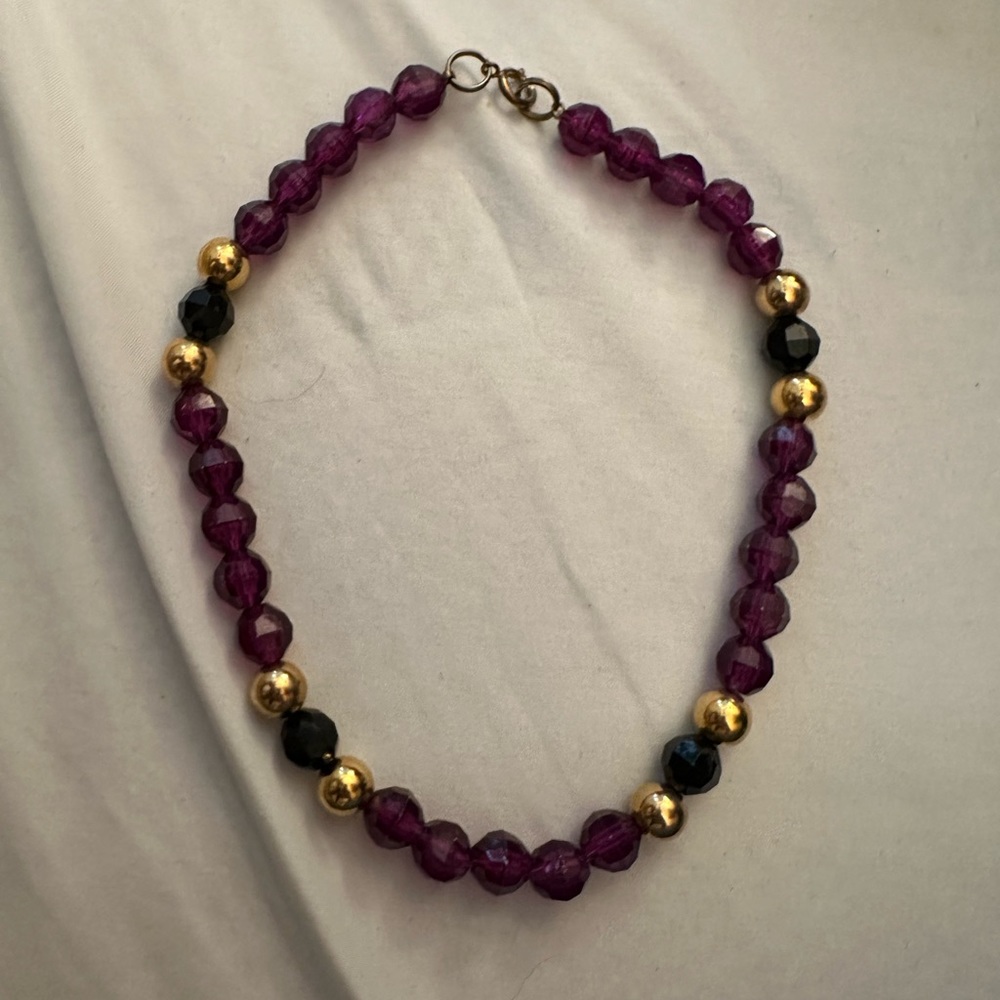 Handmade beaded purple black and gold necklace